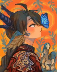 Rule 34 | 1boy, ahoge, animal ears, animal hands, antlers, bifuteki (bi futeki), blue butterfly, blue eyes, braid, braided ponytail, brown hair, bug, butterfly, butterfly on nose, chinese clothes, claws, closed mouth, dragon boy, hand up, highres, horns, insect, long hair, looking at animal, male focus, mandarin collar, monster boy, multicolored eyes, orange background, original, slit pupils, solo, trap, upper body, yellow eyes