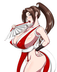 Rule 34 | 1girl, breasts, brown eyes, brown hair, cleavage, clothes, covered erect nipples, curvy, fatal fury, female focus, folding fan, hand fan, holding, holding fan, huge breasts, lipstick, long hair, looking at viewer, makeup, matching hair/eyes, ml, nail polish, ninja, open mouth, ponytail, red lips, revealing clothes, shiranui mai, sideboob, solo, standing, thick thighs, thighs