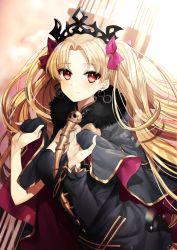 Rule 34 | 1girl, asymmetrical sleeves, bad id, bad pixiv id, blonde hair, blush, breasts, cleavage, closed mouth, collarbone, earrings, ereshkigal (fate), fate (series), floating hair, fur trim, gambe, highres, holding, jewelry, long hair, looking at viewer, parted bangs, red eyes, revision, skull, smile, solo, tiara, tohsaka rin, two side up, uneven sleeves, very long hair