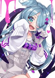 Rule 34 | 1girl, blue eyes, blue hair, blush, collarbone, elira pendora, elira pendora (1st costume), gloves, grey gloves, grey overalls, hair over one eye, head wings, heart, highres, long hair, low wings, nijisanji, nijisanji en, off shoulder, one eye covered, open mouth, overall shorts, overalls, siki mhr, single glove, sleeves past fingers, sleeves past wrists, smile, solo, sparkle, sweater, virtual youtuber, white sweater, wings