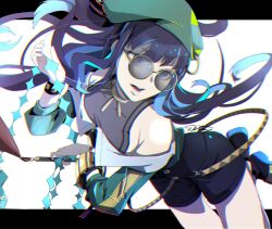 Rule 34 | 1girl, bare shoulders, beret, black hair, blue hair, colored inner hair, fate/grand order, fate (series), glasses, green hat, green jacket, grey eyes, hat, highres, jacket, jewelry, long hair, multicolored hair, neck ring, off shoulder, round eyewear, shorts, sidelocks, solo, sunglasses, tenochtitlan (fate), tenochtitlan (second ascension) (fate), tinted eyewear, ttmaru 1739, wavy hair