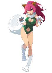 Rule 34 | 1girl, animal ears, cat ears, cat tail, claws, cleavage cutout, clothing cutout, enami katsumi, full body, fur, green leotard, hair between eyes, heart cutout, high ponytail, leotard, long hair, navel, navel cutout, official art, open mouth, perisie (star ocean), pink eyes, pink hair, solo, star ocean, star ocean first departure, tail, transparent background
