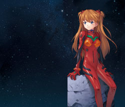 Rule 34 | 10s, 1girl, arm support, bad id, bad pixiv id, blue eyes, bodysuit, bracer, breasts, brown hair, closed mouth, damaged, evangelion: 3.0 you can (not) redo, gloves, headgear, light smile, long hair, looking to the side, moai (aoh), neon genesis evangelion, night, night sky, orange hair, outdoors, pilot suit, plugsuit, rebuild of evangelion, shiny clothes, sitting, sky, small breasts, smile, solo, souryuu asuka langley, star (sky), starry sky, tape, turtleneck, two side up