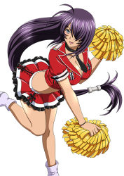 Rule 34 | 1girl, antenna hair, breasts, cheerleader, cleavage, female focus, hair over one eye, ikkitousen, kan&#039;u unchou, leg up, long hair, low-tied long hair, midriff, miniskirt, official art, open mouth, pom pom (cheerleading), simple background, skirt, solo, white background