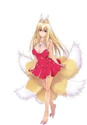Rule 34 | 1girl, animal ears, bare arms, bare legs, barefoot, black eyes, blonde hair, breasts, cleavage, dress, feet, fox ears, fox tail, full body, kayou (sennen sensou aigis), large breasts, legs, long fingernails, long hair, looking at viewer, multiple tails, nail polish, pink nails, red dress, sennen sensou aigis, smile, solo, standing, strapless, strapless dress, tail, thighs, toes, transparent background, white background