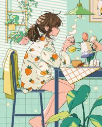 Rule 34 | 1girl, barefoot, brown hair, calico, chair, closed eyes, cup, facing away, facing to the side, from side, glasses, highres, holding, holding cup, indoors, keishin, long sleeves, messy hair, original, picture frame, plant, plate, potted plant, short hair, sitting, solo, table