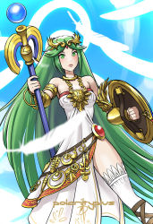 Rule 34 | 1girl, blush, breasts, closed mouth, green hair, jewelry, kid icarus, lips, lots of jewelry, nintendo, palutena, polarityplus, solo, thighhighs