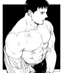 Rule 34 | 1boy, abs, artist name, bara, chris redfield, closed mouth, greyscale, highres, kuconoms, large pectorals, male focus, monochrome, muscular, muscular male, navel, nipples, open clothes, open shirt, pants, pectorals, resident evil, short hair, solo