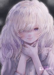 Rule 34 | 1girl, absurdres, blush, close-up, dress, expressionless, fujisawa yuuki, grey background, hair over one eye, hands on own neck, highres, long hair, looking at viewer, original, purple eyes, signature, solo, white dress, white hair