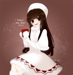 Rule 34 | 1girl, aggie, blush, brown eyes, brown hair, capelet, cocoa cookie, coffee mug, cookie run, cup, dress, gloves, hat, humanization, long hair, long sleeves, looking at viewer, mug, open mouth, personification, solo