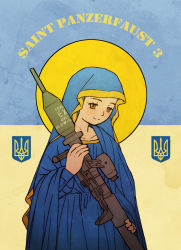 Rule 34 | 1girl, acea4, blue cloak, blue shawl, brown eyes, character name, cloak, closed mouth, coat of arms, cowboy shot, flag background, halo, halo behind head, high-explosive anti-tank (warhead), holding, holding rocket launcher, holding weapon, light blush, long sleeves, looking at viewer, man-portable anti-tank systems, military, original, panzerfaust 3, recoilless gun, rocket-propelled grenade, rocket (projectile), rocket launcher, russo-ukrainian war, shawl, simple background, solo, st. javelin, st. panzerfaust 3, standing, ukrainian flag, upper body, weapon, wide sleeves