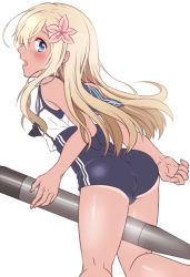 Rule 34 | 10s, 1girl, blonde hair, blue eyes, blush, flower, hair flower, hair ornament, kantai collection, long hair, looking back, n-mix, ro-500 (kancolle), sexually suggestive, simple background, solo, swimsuit, tan, tanline, torpedo