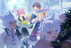 Rule 34 | 2girls, 3boys, :d, adventurer (ff14), alisaie leveilleur, alphinaud leveilleur, alternate costume, animal ears, antenna hair, black gloves, blue coat, blue eyes, box, brown hair, cat ears, christmas, christmas lights, christmas tree, coat, commentary, dated, day, elezen, elf, english commentary, eyes visible through hair, facial mark, feather hair ornament, feathers, final fantasy, final fantasy xiv, flag, fur-trimmed coat, fur-trimmed sleeves, fur trim, g&#039;raha tia, gift, gift box, gloves, hair between eyes, hair ornament, hair ribbon, hand up, highres, holding, holding gift, hyur, looking at another, looking back, miqo&#039;te, mt (ringofive), multiple boys, multiple girls, neck tattoo, open mouth, outdoors, pointy ears, red eyes, red hair, ribbon, short hair, signature, slit pupils, smile, snowing, swept bangs, tattoo, tree, walking, warrior of light (ff14), white coat, white hair, wide-eyed, winter, winter clothes, winter coat, y&#039;shtola rhul