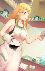 Rule 34 | 1girl, apron, bad id, bad pixiv id, blonde hair, blush, breasts, brown eyes, chair, coffee, coffee mug, coffee pot, cup, dagashi kashi, dutch angle, ear piercing, earrings, endou saya, fang, fishbowl, hair ornament, hairclip, highres, indoors, jar, jewelry, long hair, looking to the side, mug, open mouth, pairleaf, piercing, skirt, small breasts, solo, standing