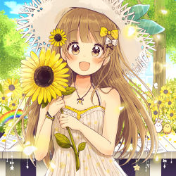 Rule 34 | 1girl, :d, absurdres, bare arms, bare shoulders, blue ribbon, blue sky, blush, brown eyes, cloud, cloudy sky, collarbone, commentary request, day, dress, flower, hands up, hat, hat ribbon, highres, holding, holding flower, indie utaite, light brown hair, long hair, looking at viewer, open mouth, original, outdoors, paper, petals, rainbow, ribbon, sakura oriko, sky, sleeveless, sleeveless dress, smile, solo, straw hat, sunflower, tree, very long hair, white dress, white hat, yellow flower