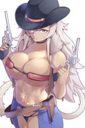 Rule 34 | 1girl, alternate costume, bandeau, black hat, blue choker, blue pants, breasts, choker, commentary, commentary request, cowboy hat, dark-skinned female, dark skin, english commentary, eyepatch, facial scar, ghislaine dedoldia, gun, handgun, hat, highres, holding, holding gun, holding weapon, hot vr, large breasts, long hair, looking at viewer, mouth hold, mushoku tensei, navel, open pants, pants, patreon username, red bandeau, red eyes, revolver, scar, scar on cheek, scar on face, scar on stomach, seductive smile, simple background, smile, solo, standing, tail, tail ornament, tail ring, weapon, white background, white hair