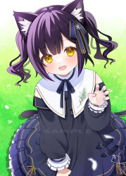 Rule 34 | 1girl, animal ear fluff, animal ears, black dress, cat ears, cat tail, commission, copyright request, dress, hair ribbon, long sleeves, mi (taberu tmg), purple hair, purple nails, ribbon, skeb commission, solo, tail, twintails, yellow eyes