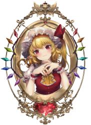 Rule 34 | 1girl, :3, blonde hair, blush, closed mouth, collared shirt, commentary, crystal, fang, fingernails, flandre scarlet, framed, frilled shirt collar, frills, hands up, hat, hat ribbon, highres, kyogoku-uru, long hair, looking at viewer, mob cap, one side up, own hands together, pointy ears, puffy short sleeves, puffy sleeves, red eyes, red ribbon, red vest, ribbon, shirt, short sleeves, simple background, skin fang, slit pupils, solo, symbol-only commentary, touhou, upper body, vest, white background, white hat, white shirt, wings, wrist cuffs