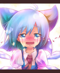 Rule 34 | 1girl, ahoge, ayakashi (monkeypanch), bad id, bad pixiv id, blue eyes, blue hair, blush, bow, cirno, crying, crying with eyes open, eyebrows, hair bow, highres, ice, letterboxed, matching hair/eyes, ribbon, short hair, solo, tears, embodiment of scarlet devil, touhou, wings