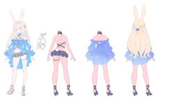 Rule 34 | 1girl, absurdres, animal ears, arms at sides, ass, bare shoulders, black skirt, blue dress, blue eyes, blue nails, braid, breasts, character sheet, closed mouth, contrapposto, dot nose, dress, enkyo yuuichirou, expressionless, fingernails, french braid, full body, high heels, highres, long hair, looking at viewer, miniskirt, multiple views, nail polish, off-shoulder dress, off shoulder, open clothes, open dress, original, rabbit ears, sandals, simple background, skirt, small breasts, thighlet, toenail polish, toenails, very long hair, white background, white hair