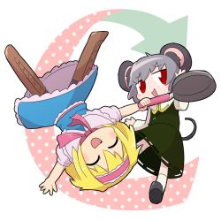 Rule 34 | 2girls, alice margatroid, animal ears, arrow (symbol), blonde hair, blue dress, blush, boots, brown footwear, closed eyes, commentary request, cookie (touhou), dress, frilled dress, frilled hairband, frills, frying pan, full body, green skirt, green vest, grey hair, hairband, holding, holding frying pan, ichigo (cookie), kasugai (nicoseiga12232888), mouse ears, mouse tail, multiple girls, nazrin, nyon (cookie), open mouth, pink hairband, pink neckwear, red eyes, shirt, short hair, skirt, smile, tail, touhou, vest, white background, white shirt