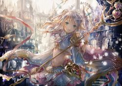 Rule 34 | 1girl, ahoge, armor, artist name, blurry, blush, bokeh, bracelet, braid, character request, cityscape, clock, clock tower, commentary, cowboy shot, crop top, dated, depth of field, floating hair, gem, gold trim, green eyes, hand up, high collar, holding, holding staff, hourglass, iris mysteria!, jewelry, long hair, looking at viewer, midriff, misaki yuu (misaki 1192), navel, parted lips, pauldrons, pleated skirt, pointy ears, ponytail, ribbon, shoulder armor, silver hair, skirt, smile, solo, staff, swept bangs, tower, wide sleeves