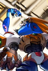 Rule 34 | 2boys, android, arm cannon, claws, commentary request, fangs, green eyes, helmet, looking up, male focus, mega man (series), mega man x4, mega man x (series), missing limb, multiple boys, severed limb, slash beast (mega man), weapon, x (mega man), yuriyuri (ccc)