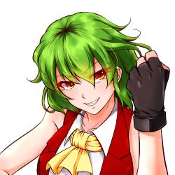 Rule 34 | &gt;:), 1girl, adapted costume, ascot, bare shoulders, black gloves, clenched hand, eyes visible through hair, fingerless gloves, gloves, green hair, grin, itocoh, kazami yuuka, looking at viewer, orange eyes, red vest, shirt, short hair, sleeveless, sleeveless shirt, smile, solo, touhou, upper body, v-shaped eyebrows, vest, white background, white shirt