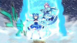 Rule 34 | 2girls, aura, blizzard, blue bow, blue dress, blue eyes, blue hair, boots, bow, breasts, cirno, collared shirt, crossed arms, dragon ball, dragonball z, dress, floating hair, hair bow, hat, ice, ice wings, large breasts, letty whiterock, light purple hair, long sleeves, looking at viewer, looking to the side, mary janes, multiple girls, pinafore dress, puffy short sleeves, puffy sleeves, purple eyes, red neckwear, scarf, shirt, shoes, short hair, short sleeves, shundou heishirou, sleeveless dress, smile, snow, snowing, socks, super saiyan, super saiyan blue, touhou, v-shaped eyebrows, white scarf, white shirt, wings
