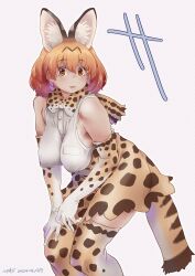 Rule 34 | 1girl, animal ears, blonde hair, blush, bow, bowtie, breasts, elbow gloves, extra ears, gloves, hanging breasts, highres, kemono friends, large breasts, leaning forward, looking at viewer, no bra, nyororiso (muyaa), open mouth, print bow, print bowtie, serval (kemono friends), serval print, shirt, short hair, skirt, sleeveless, sleeveless shirt, solo, tail, thighhighs