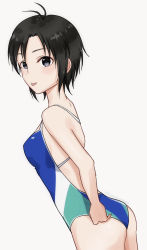 Rule 34 | 1girl, antenna hair, ass, black eyes, black hair, blue one-piece swimsuit, breasts, competition swimsuit, dutch angle, highres, idolmaster, idolmaster (classic), kikuchi makoto, looking at viewer, mogskg, one-piece swimsuit, short hair, sideboob, simple background, sketch, small breasts, solo, standing, swimsuit, tongue, tongue out, white background