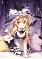 Rule 34 | 1girl, apron, arm support, bare shoulders, black bow, black bowtie, black hat, black skirt, black thighhighs, blonde hair, blush, bow, bowtie, braid, breasts, cleavage, commentary request, curtains, frilled apron, frills, hair bow, hat, hat bow, indoors, kirisame marisa, kneeling, long hair, looking at viewer, medium breasts, miniskirt, miyase mahiro, open mouth, petticoat, pillow, sidelocks, single braid, skirt, skirt hold, solo, striped clothes, striped thighhighs, thighhighs, touhou, waist apron, white apron, white bow, white thighhighs, window, witch hat, wrist cuffs, yellow eyes