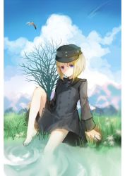 Rule 34 | 1girl, adapted uniform, bad id, bad pixiv id, barefoot, bird, blonde hair, blue eyes, cloud, cloudy sky, day, dress, epaulettes, erica hartmann, field, flower, grass, hat, kleinlight, looking at viewer, medal, military, military uniform, mountain, partially submerged, ripples, sadoma, seagull, short hair, sitting, sketch, sky, solo, strike witches, sunlight, uniform, water, world witches series