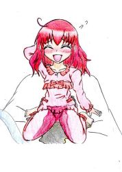 Rule 34 | 1girl, barefoot, bed, bedwetting, blush, closed eyes, open mouth, pajamas, peeing, red hair, simple background, solo