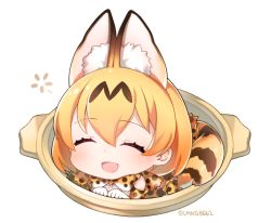 Rule 34 | 10s, 1girl, :d, ^ ^, animal ears, animal print, bare shoulders, blush, bow, bowtie, bucket, chibi, clenched hands, closed eyes, dot nose, elbow gloves, eyelashes, facing viewer, full body, gloves, hair between eyes, in bucket, in container, kemono friends, mini person, minigirl, ng (kimjae737), open mouth, orange hair, print gloves, serval (kemono friends), serval print, serval tail, shirt, short hair, simple background, sleeveless, sleeveless shirt, smile, solo, striped tail, tail, twitter username, white background, white shirt, |d