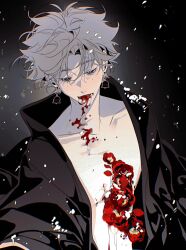 Rule 34 | 1boy, absurdres, bell, bell earrings, black background, black coat, bleeding, blood, blood from mouth, blood on chest, blurry, coat, earrings, flower, grey eyes, grey hair, hair over eyes, half-closed eyes, highres, injury, jewelry, looking down, male focus, mole, mole under eye, naked coat, open clothes, open coat, open mouth, original, red flower, robe, short hair, snowing, solo, wenyiyuuuuu