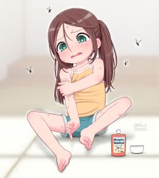 Rule 34 | 1girl, bare arms, bare shoulders, barefoot, blue shorts, blush, brown hair, bug, bug bite, camisole, child, collarbone, commentary, dot nose, english commentary, feet, green eyes, hair between eyes, hand up, highres, indoors, insect, long hair, looking ahead, mosquito, original, pinkbunnyjuice, short shorts, shorts, solo, spaghetti strap, spray can, toenails, toes, twintails, yellow camisole