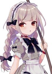 Rule 34 | 1girl, :o, absurdres, apron, arm at side, beige shirt, black bow, black bowtie, bow, bowtie, bracelet, braid, broom, collar, commentary, cowboy shot, fang, frilled sleeves, frills, hair bow, hand up, highres, holding, holding broom, jewelry, looking at viewer, maid, maid headdress, makaino ririmu, nijisanji, pointy ears, puffy short sleeves, puffy sleeves, red collar, red eyes, short sleeves, silver hair, solo, twin braids, vampire, virtual youtuber, waist apron, white apron, white background, yumesaki nana