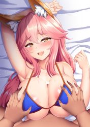 Rule 34 | 1boy, 1girl, :d, animal ear fluff, animal ears, areola slip, arm up, armpits, bad id, bad twitter id, bar censor, between breasts, bikini, blue bikini, blush, grabbing another&#039;s breast, breasts, censored, cleavage, fate/grand order, fate (series), fox ears, fox girl, grabbing, kisaragi nana, large breasts, long hair, looking at viewer, lying, on back, open mouth, pink hair, pov, smile, solo focus, swimsuit, tamamo (fate), tamamo no mae (fate/extra), tamamo no mae (swimsuit lancer) (fate), underboob, yellow eyes