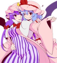 Rule 34 | 2girls, bat wings, blue hair, blush, bow, commentary request, eichi yuu, fang, hair between eyes, hair bow, holding hands, hand on another&#039;s stomach, hat, heart, long hair, mob cap, multiple girls, one eye closed, patchouli knowledge, purple eyes, purple hair, red bow, red eyes, remilia scarlet, short hair, smile, striped, touhou, wide sleeves, wings, yuri