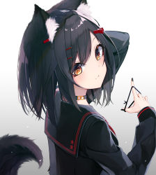Rule 34 | 1girl, absurdres, animal ear fluff, animal ears, arm behind head, black hair, black nails, black sailor collar, black shirt, blush, brown eyes, closed mouth, commentary request, from behind, gradient background, grey background, hair between eyes, hair ornament, hair tie, hairclip, highres, long sleeves, looking at viewer, looking back, mayogii, mixed-language commentary, nail polish, original, sailor collar, school uniform, serafuku, shirt, smile, solo, tail raised, upper body, white background