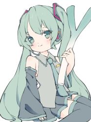 Rule 34 | black skirt, black sleeves, black thighhighs, closed mouth, commentary, cycloneyukari, detached sleeves, food, green eyes, green hair, hatsune miku, headphones, headset, holding, holding food, light blush, looking at viewer, necktie, pleated skirt, shirt, skirt, sleeveless, sleeveless shirt, smile, spring onion, thighhighs, tie clip, twintails, vocaloid, white background, wide sleeves, zettai ryouiki