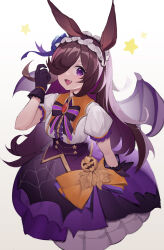 Rule 34 | 1girl, absurdres, animal ears, bat wings, black gloves, bow, breasts, brooch, brown hair, fang, frilled hairband, frills, gem, gloves, hair over one eye, hairband, hand up, highres, horse ears, horse girl, jack-o&#039;-lantern ornament, jewelry, lace, lace-trimmed gloves, lace trim, long hair, looking at viewer, official alternate costume, oiru (fattyoils), open mouth, puffy short sleeves, puffy sleeves, purple eyes, purple gloves, purple skirt, purple wings, red gemstone, rice shower (make up vampire!) (umamusume), shirt, short sleeves, skirt, small breasts, smile, solo, spider web print, star (symbol), umamusume, white background, white shirt, wings