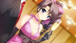 Rule 34 | 1girl, bare shoulders, berry&#039;s, blue eyes, blush, breasts, brown hair, cleavage, cup, dress, drill hair, drink, elbow gloves, formal, game cg, gloves, happy, highres, light, long hair, looking at viewer, morikubo yuna, nanao naru, necktie, side ponytail, smile, standing, suit