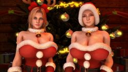 Rule 34 | 2girls, 3d, animated, blonde hair, breasts, christmas, christmas tree, curvy, dead or alive, dead or alive 5, flashing, gloves, hat, indoors, kasumi (doa), large breasts, lowres, multiple girls, nipples, santa costume, santa hat, short hair, smile, tecmo, tina armstrong