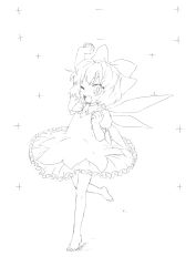 Rule 34 | 1girl, ;d, bad id, bad pixiv id, barefoot, bow, cirno, greyscale, hair bow, highres, kiriu, monochrome, one eye closed, open mouth, outstretched arm, smile, solo, sparkle, standing, standing on one leg, embodiment of scarlet devil, touhou, wings, wink