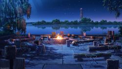 Rule 34 | artist name, chair, copyright name, copyright request, fire, fireplace, highres, lake, log, night, night sky, no humans, reflection, reflective water, scenery, shore, sky, star (sky), starry sky, tower, tree, troncill, water, wide shot