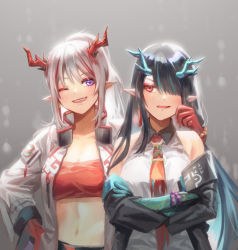 Rule 34 | 2girls, ;d, arknights, bandeau, black hair, black jacket, commentary request, dress, dusk (arknights), grey background, hair over one eye, horns, jacket, long hair, long sleeves, looking at another, midriff, mina (o414), multiple girls, navel, nian (arknights), off shoulder, one eye closed, open clothes, open jacket, open mouth, purple eyes, siblings, silver hair, sisters, sleeveless, sleeveless dress, smile, stomach, strapless, tube top, upper body, white dress, white jacket