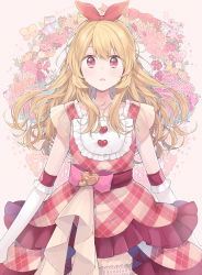 Rule 34 | 10s, 1girl, :o, aikatsu!, aikatsu! (series), animal, argyle, argyle clothes, argyle dress, bad id, bad pixiv id, blonde hair, bow, bug, butterfly, checkered clothes, checkered dress, chiri (ch!), collar, cowboy shot, dress, elbow gloves, flower, food, frilled collar, frilled shirt collar, frills, fruit, gloves, hair ribbon, hairband, heart, hoshimiya ichigo, insect, long hair, looking at viewer, open mouth, orange flower, orange rose, pink bow, pink flower, pink rose, red dress, red eyes, red flower, red ribbon, red rose, ribbon, rose, see-through, short sleeves, sidelocks, solo, sparkle, star (symbol), strawberry, stuffed animal, stuffed toy, teddy bear, thighhighs, very long hair, white gloves, white thighhighs, zettai ryouiki