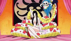 Rule 34 | 1girl, amazon lily, amazon warrior, animal, animated, animated gif, black hair, boa hancock, breasts, closed eyes, earrings, jewelry, large breasts, legs, long hair, lowres, one piece, sitting, skull, snake, tattoo, thighs, topless